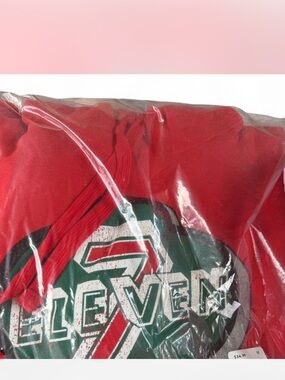 Red Graphic Hoodie with Green & White 7-Eleven Style Print